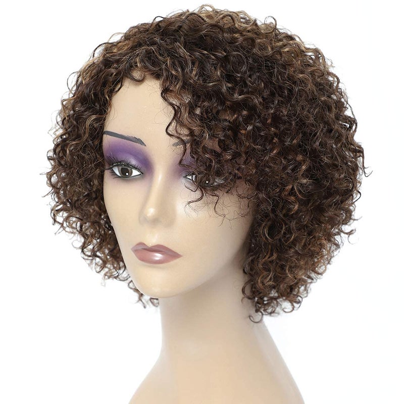 HUA Kinky Curly Short Wigs for Black Women Human Hair Chocolate Brown Mix Medium Auburn Curly Human Hair Wigs for Black Women Glueless 4/30 Color Short Wigs for Women - Image 1